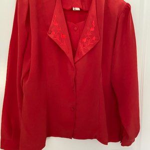 - Strawberry red long sleeves silk top with soft shoulder pads size UK 14 USA 12